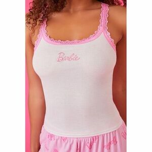 Barbie White Ribbed Tank with Pink Lace Trim